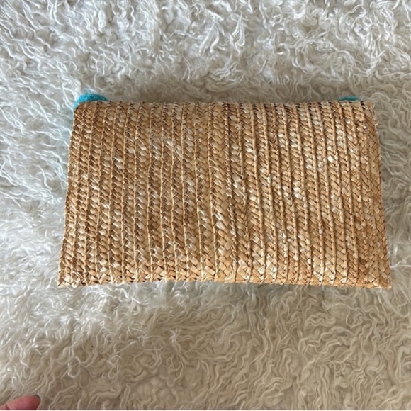 Anthropologie Shiraleah Jute Straw Pom Pom Clutch Blue Tan Festival Boho Beach - Picture 3 of 7